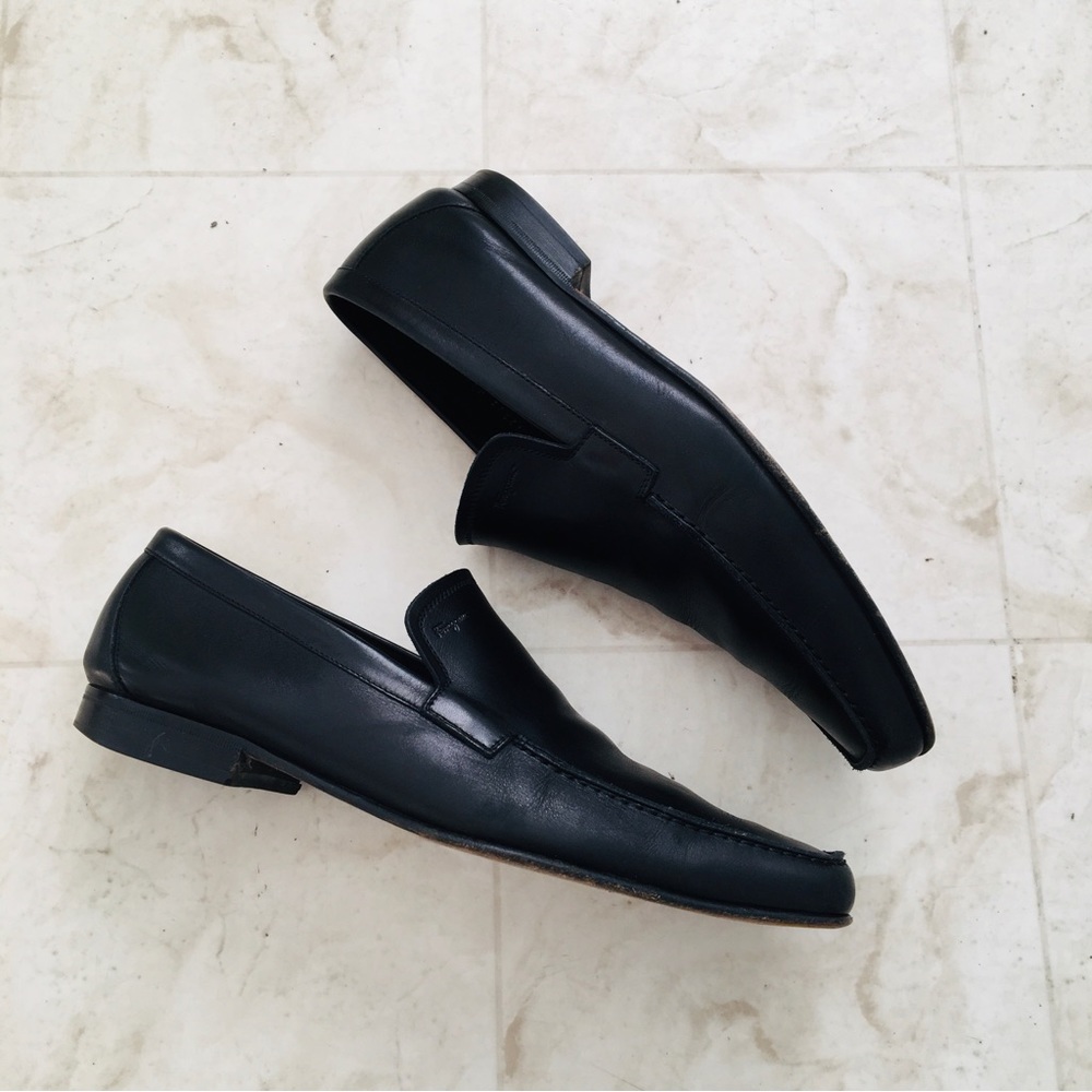Salvatore Ferragamo Black Leather Slip-On Loafers